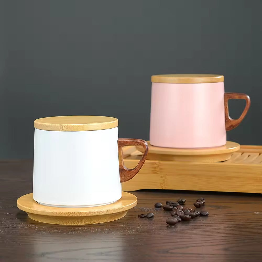 Vacuum Insulated Coffee Cup with Wooden Lid & Mat-White Coffee Cup Apricot