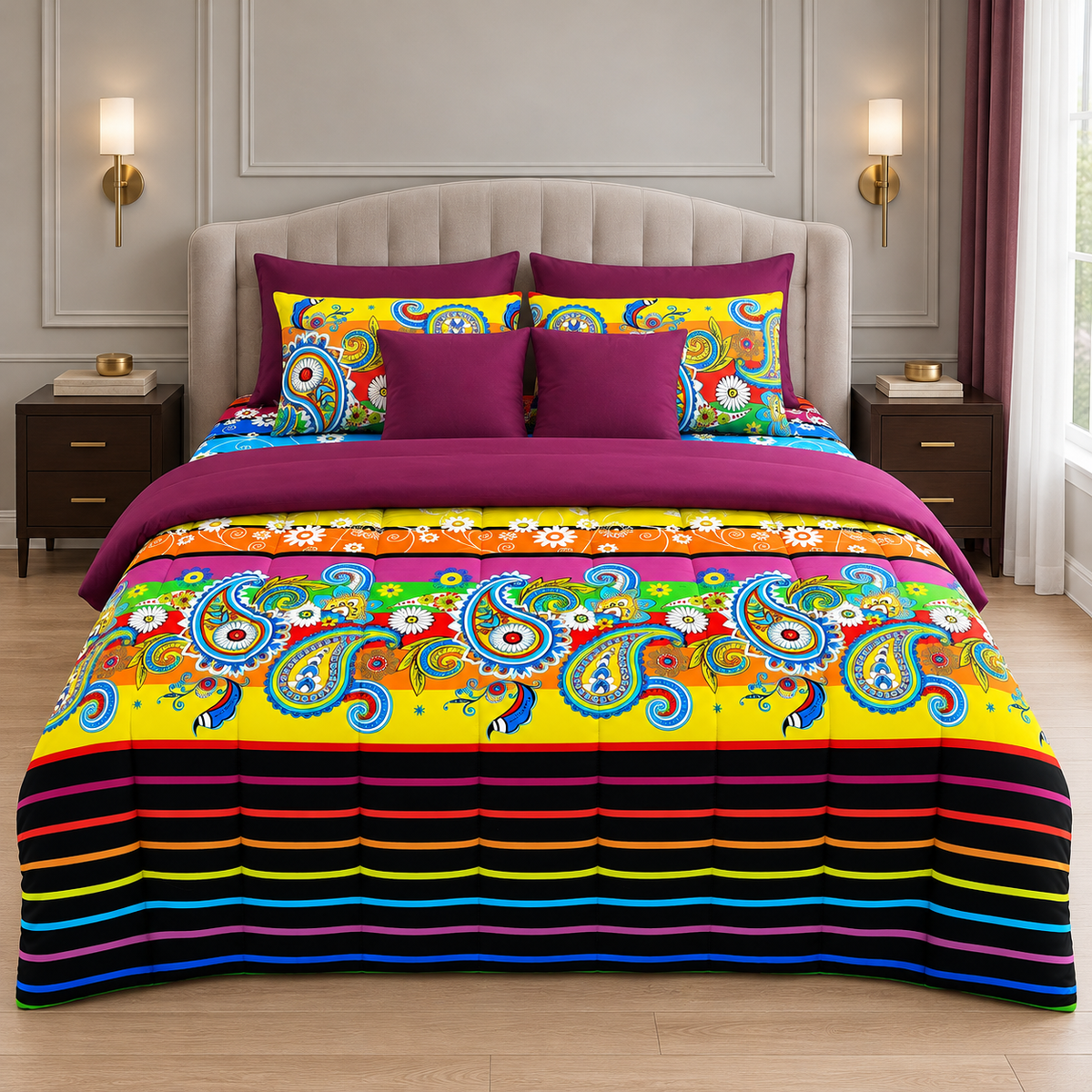 8 PCs Winter Comforter Set-Multi Flowers Comforters Apricot