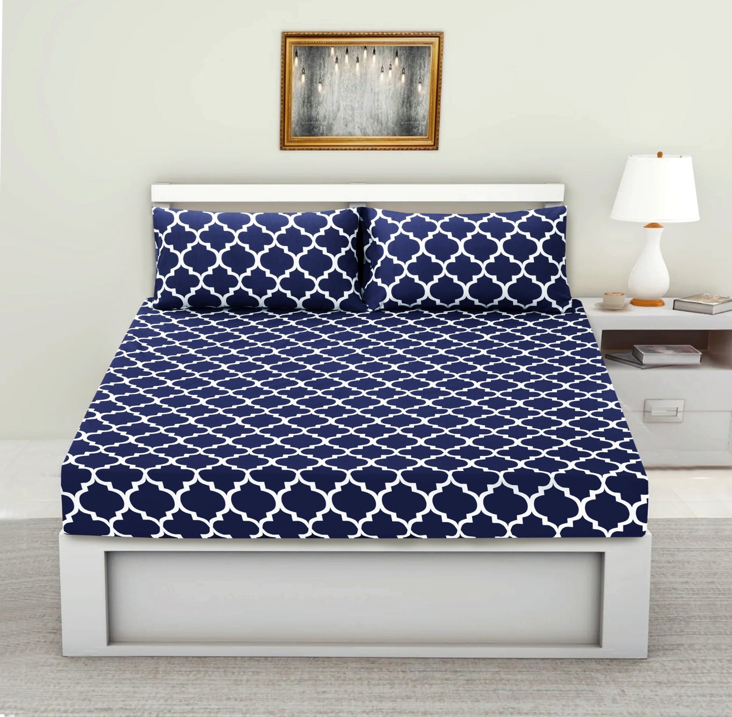Fitted Bed Sheet-Blue Geometric Apricot