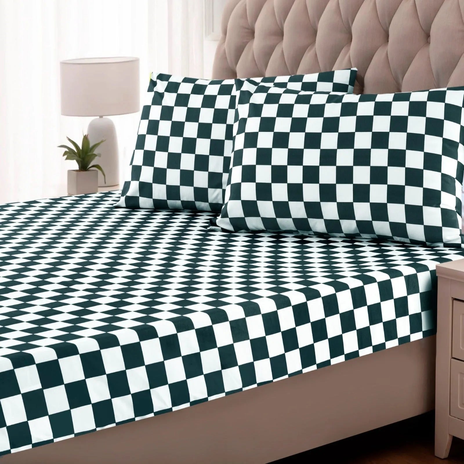 Fitted Bed Sheet-Green Chess Fitted Sheets Apricot   