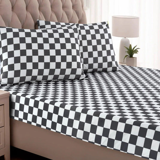 3 PCs Double Bed Sheet-Grey Chess Bed Sheets Apricot