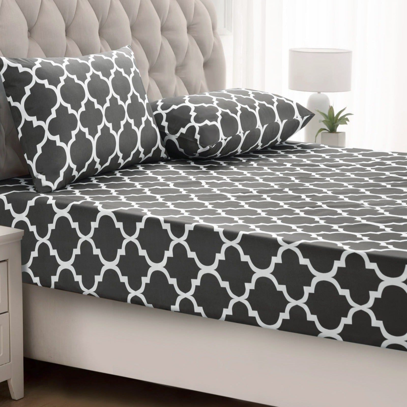 3 PCs Double Bed Sheet -Grey Geometric Bed Sheets Apricot
