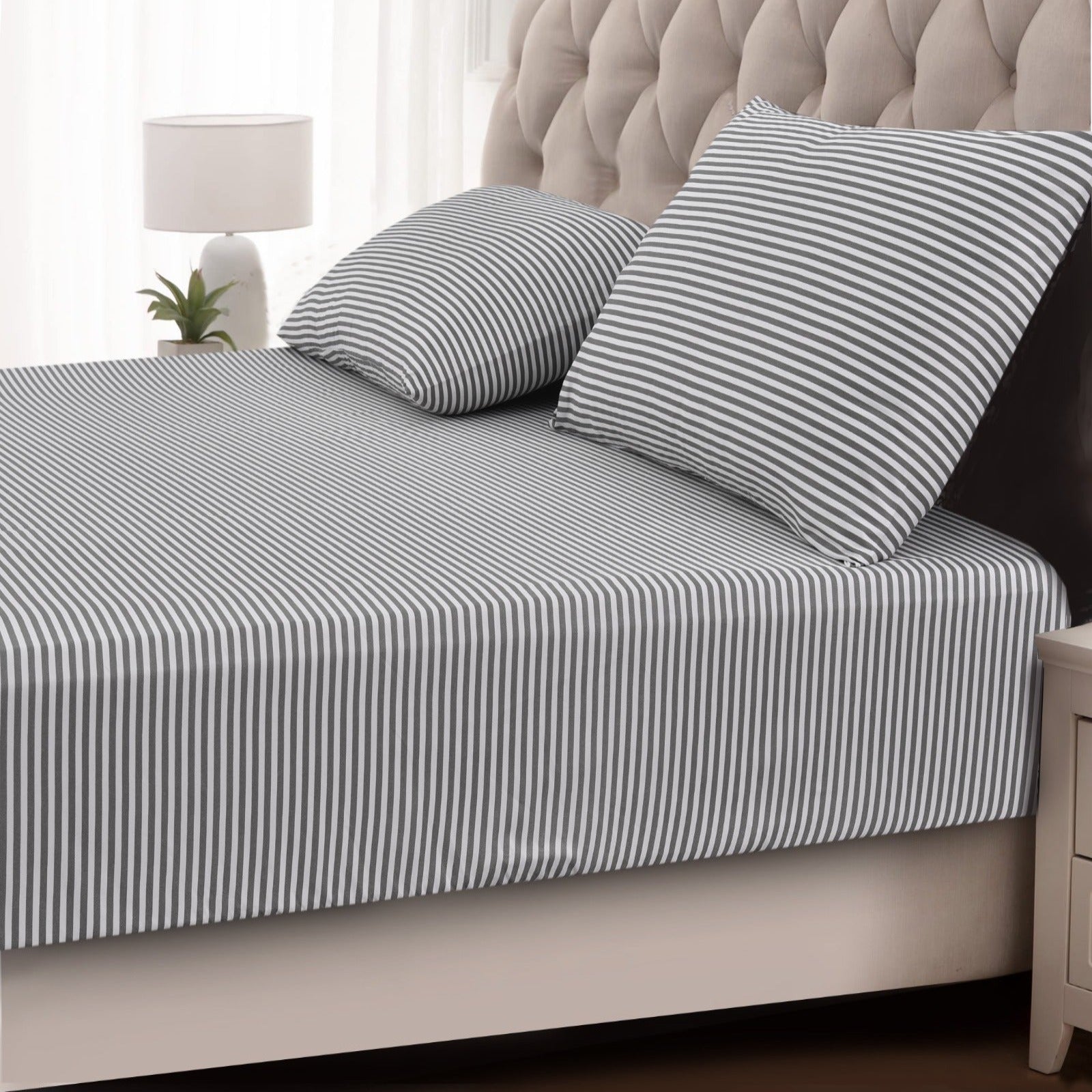 Fitted Bed Sheet-Grey Stripe Apricot