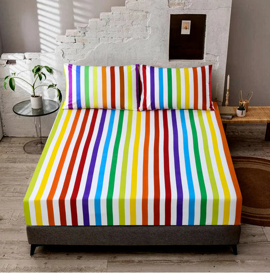 3 PCs Double Bed Sheet -Multi Stripes BED SHEET Apricot