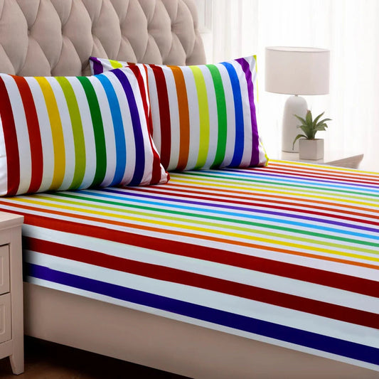 3 PCs Double Bed Sheet -Multi Stripes BED SHEET Apricot