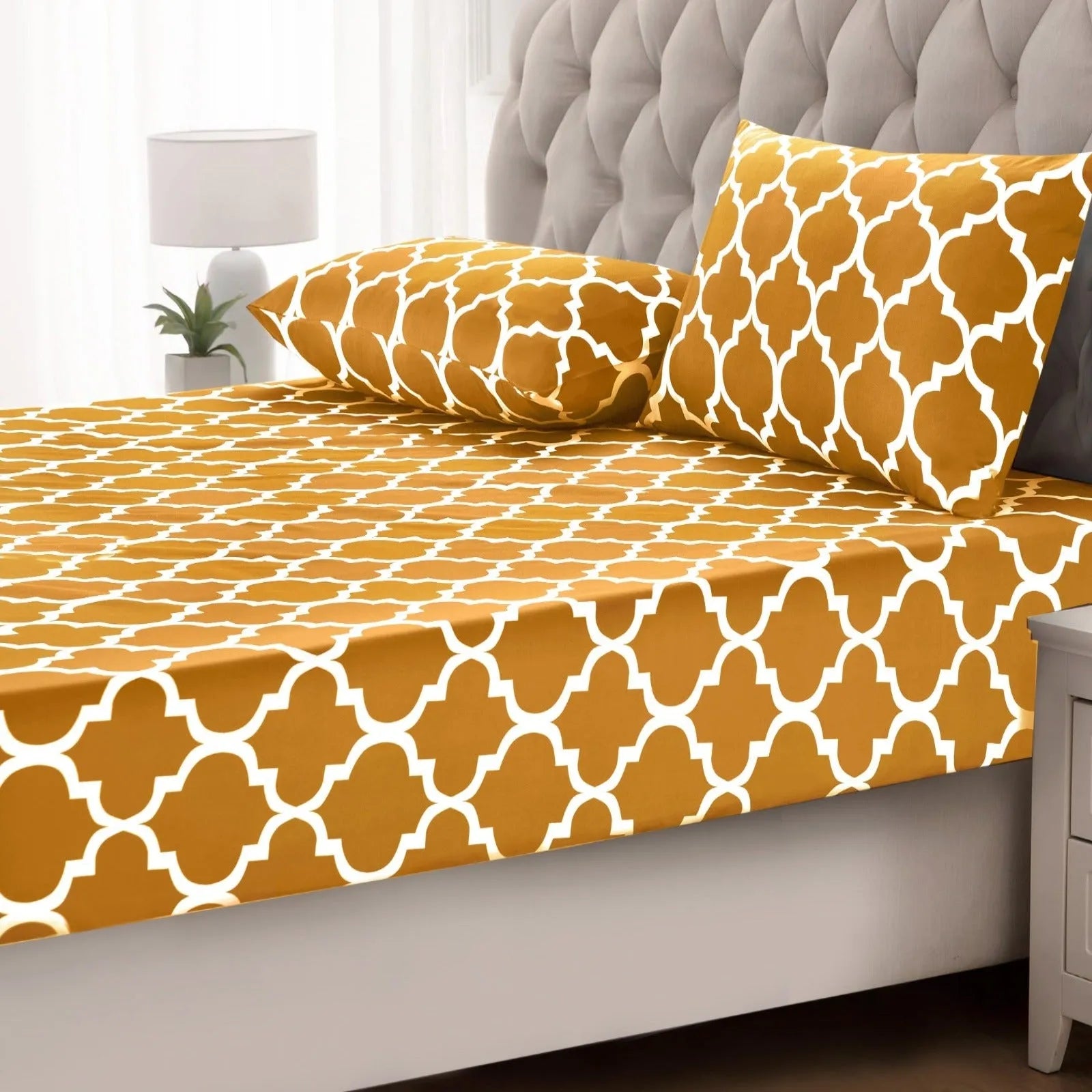 Fitted Bed Sheet-Mustard Geometric Fitted Sheets Apricot   