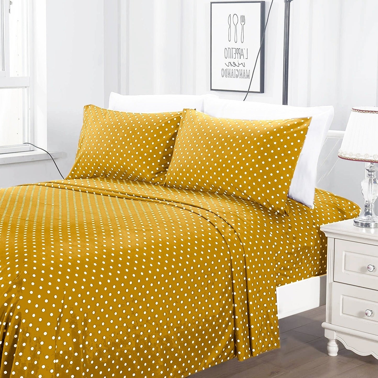 Fitted Bed Sheet-Mustard Polka Apricot