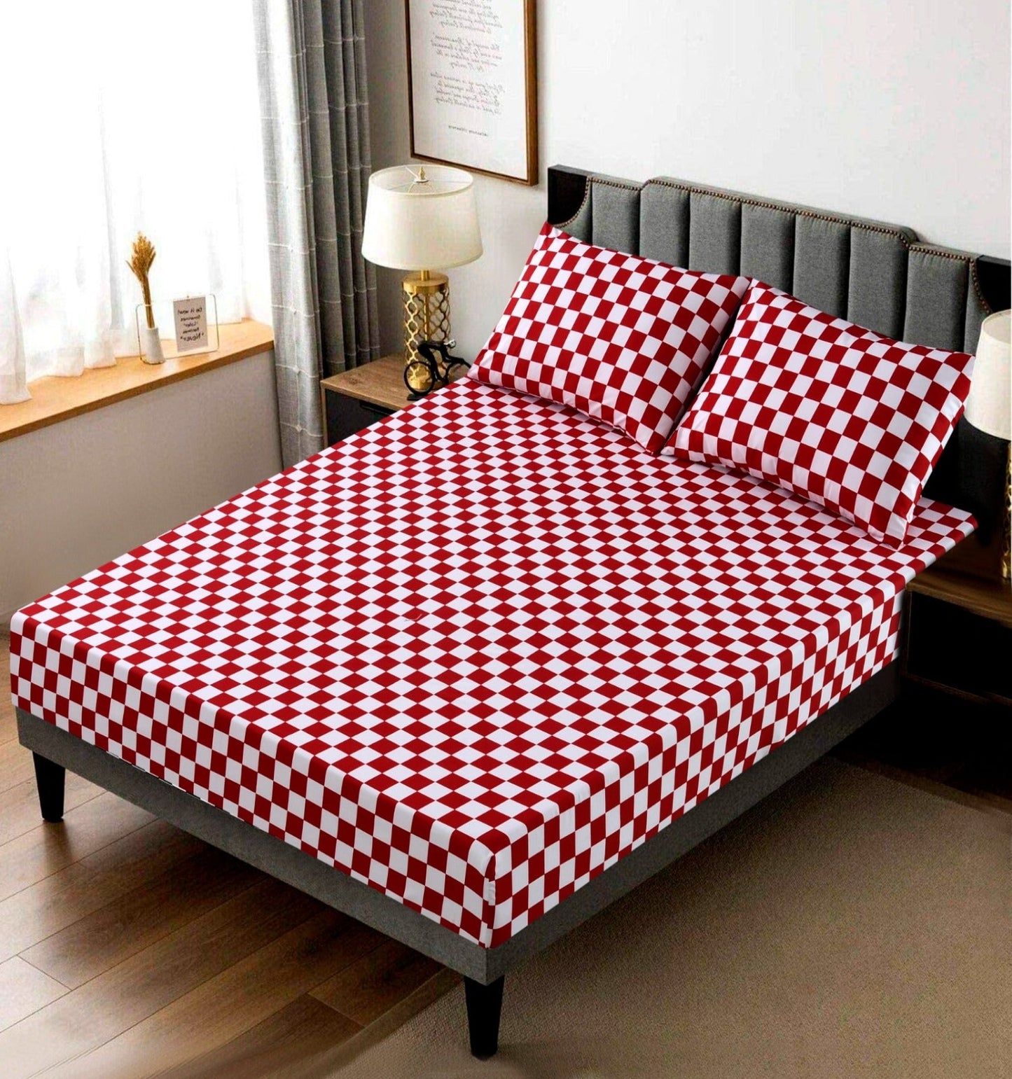 Fitted Bed Sheet-Red Chess Fitted Sheets Apricot   