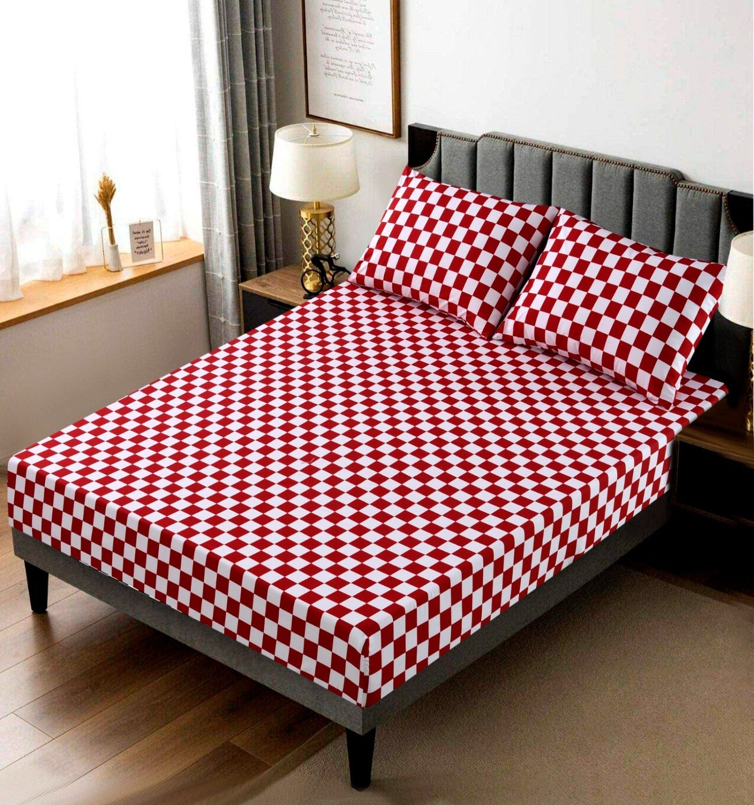 Fitted Bed Sheet-Red Chess Apricot