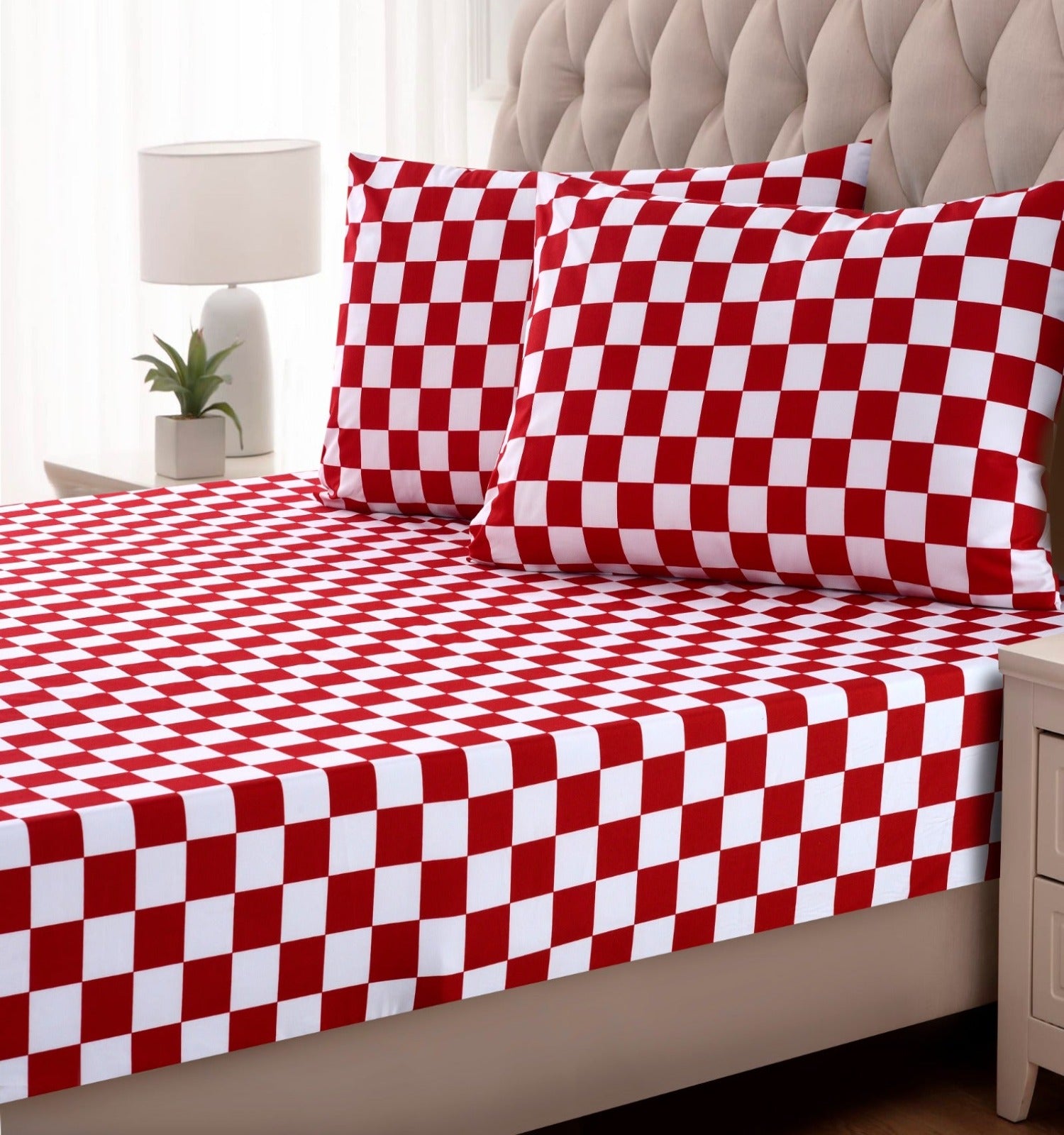 Fitted Bed Sheet-Red Chess Apricot