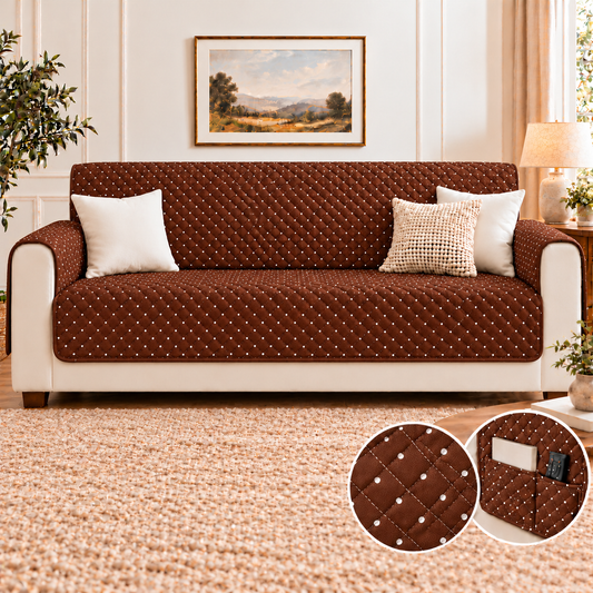 Sofa Cover-Brown Polka With Pockets Sofa Cover Apricot