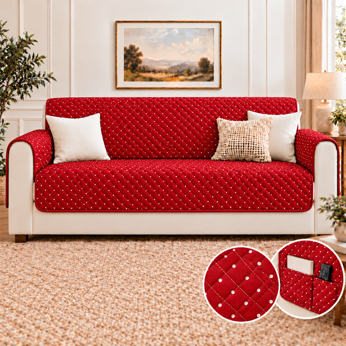Sofa Cover-Maroon Polka With Pockets Sofa Cover Apricot