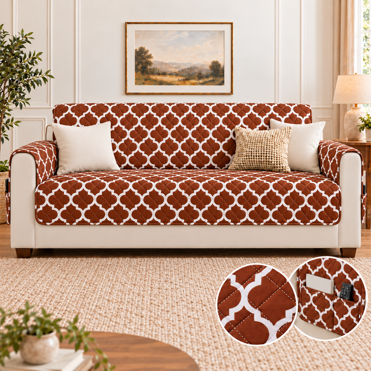 Ultrasonic Sofa Cover-Brown Geometric With Pockets Sofa Cover Apricot