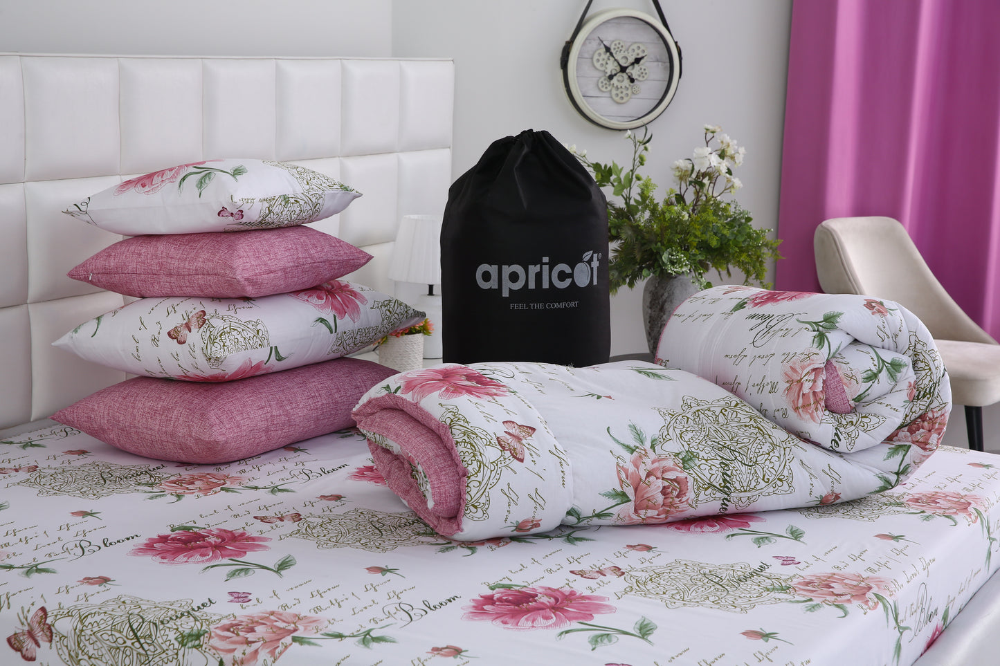 8 PCs Winter Comforter Set-Pink Flowers Comforters Apricot