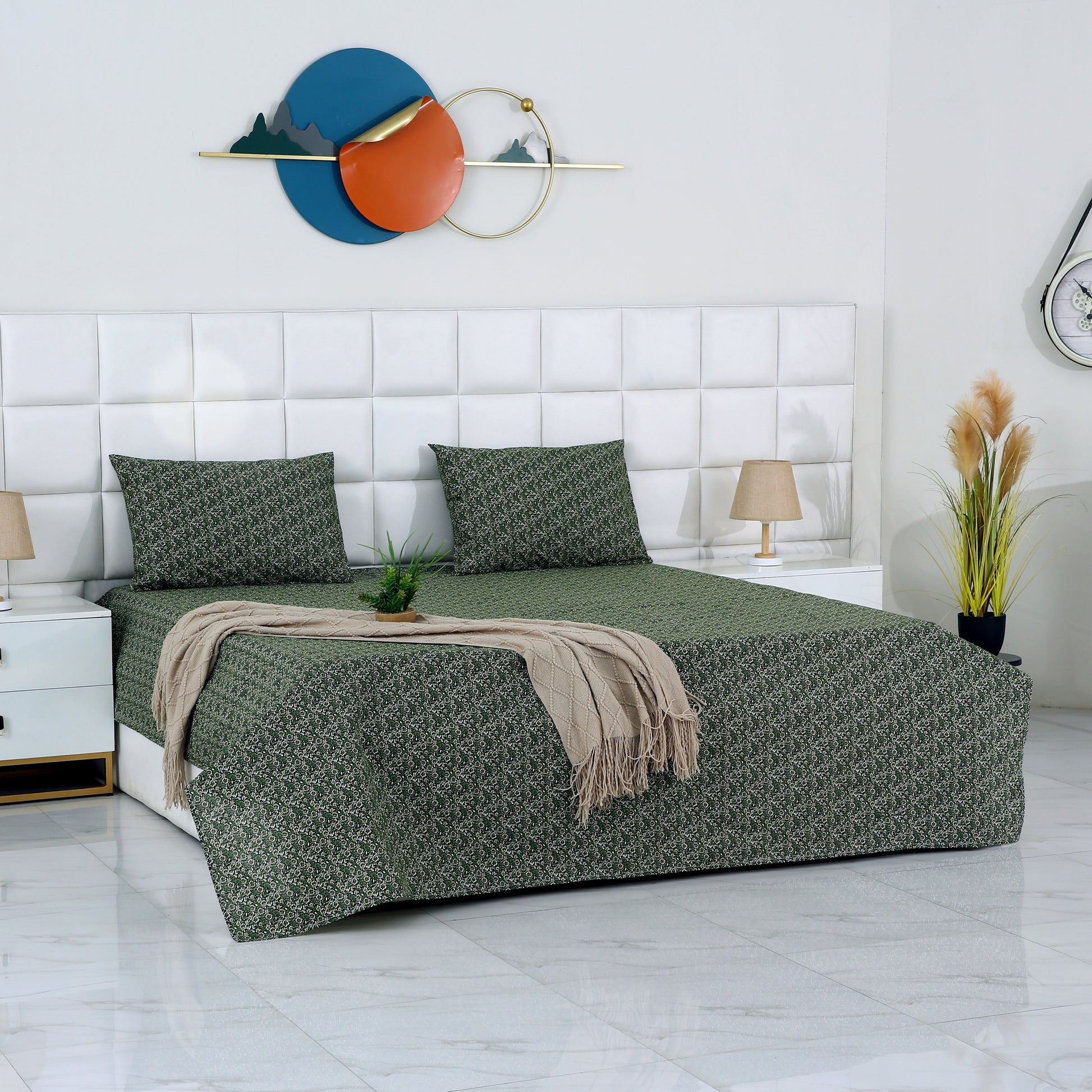 3 PCs Double Bed Sheet-Emerald Flowers Bed Sheets Apricot
