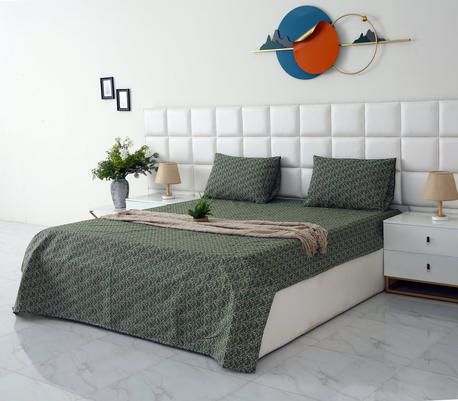 3 PCs Double Bed Sheet-Emerald Flowers Bed Sheets Apricot