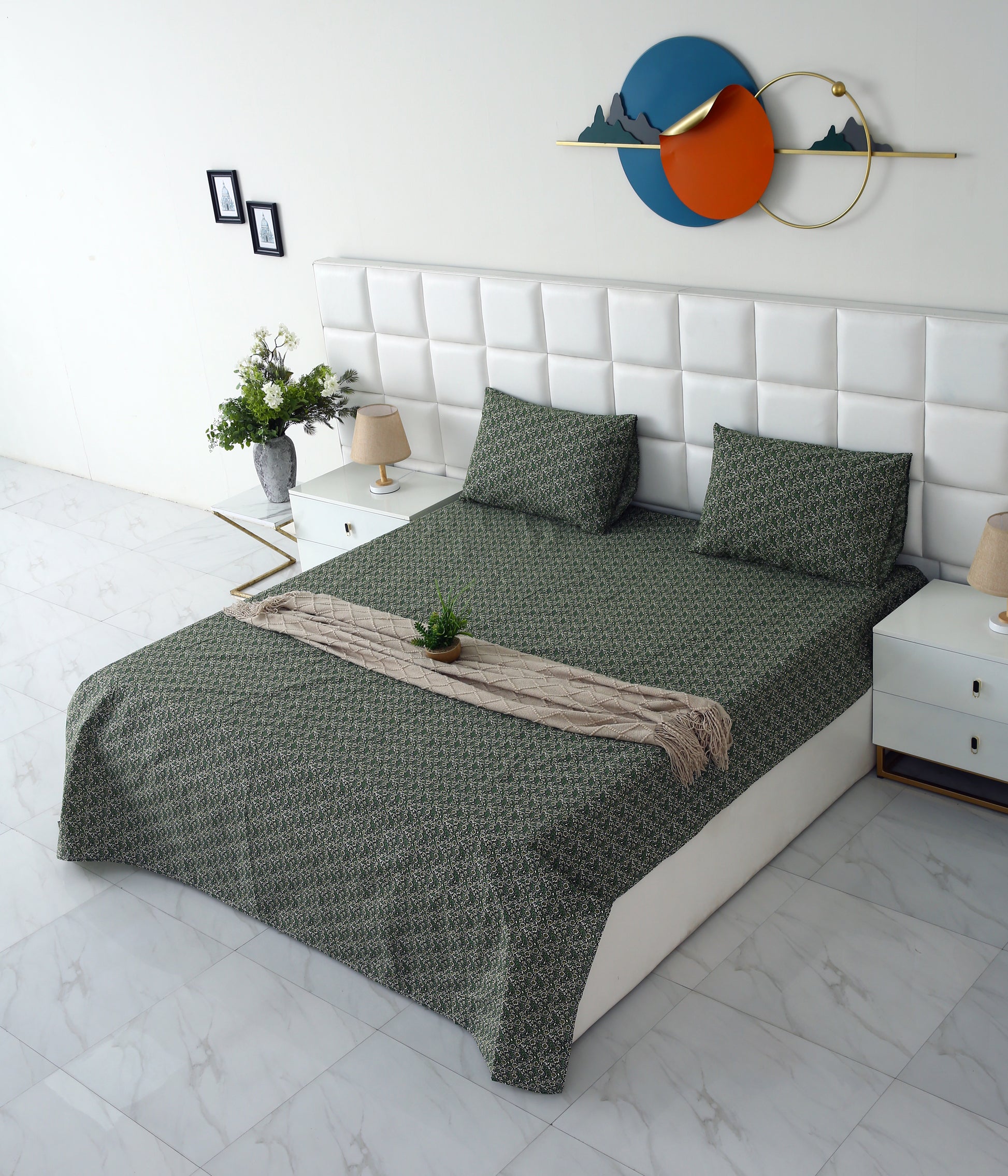3 PCs Double Bed Sheet-Emerald Flowers Bed Sheets Apricot