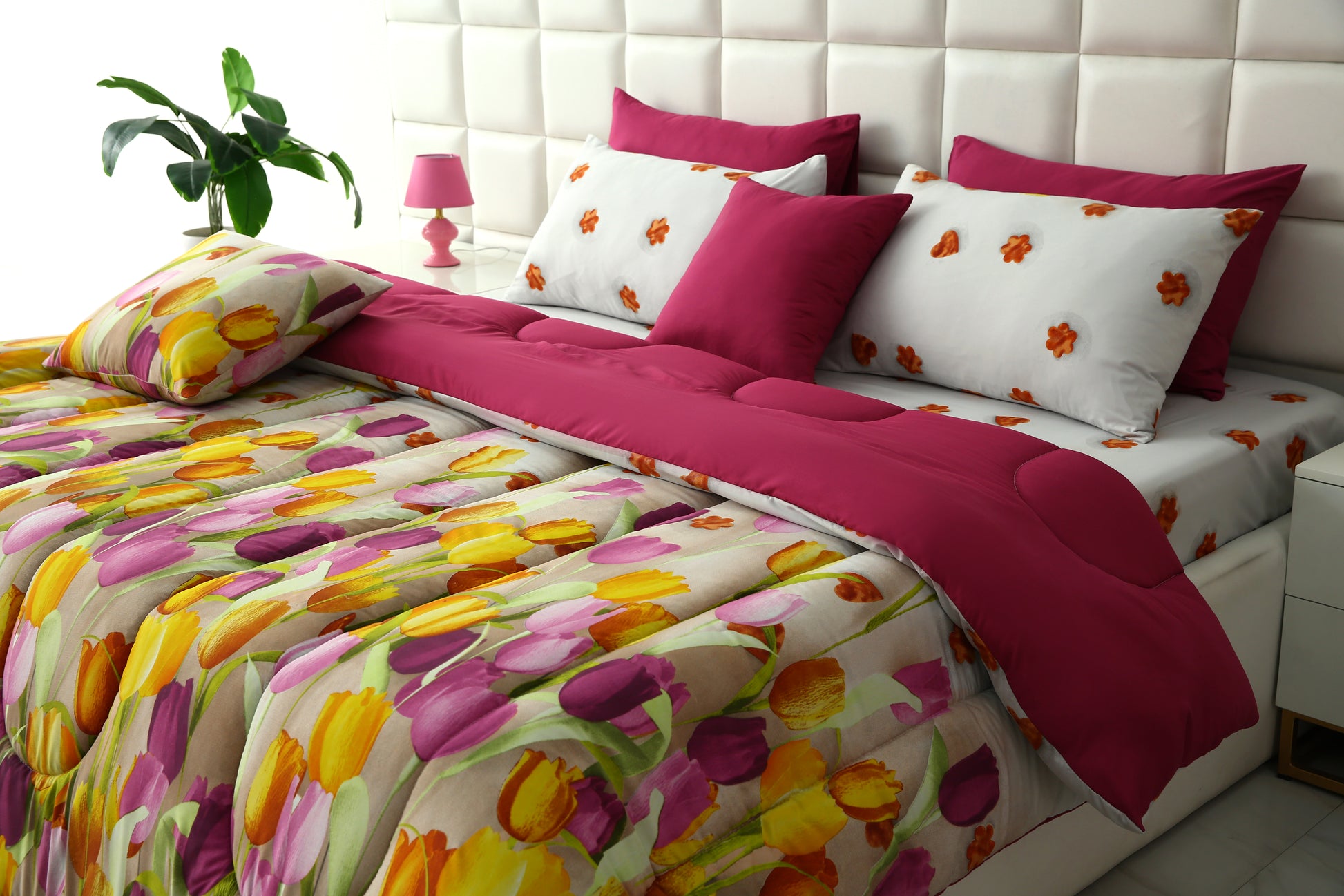 8 PCs Winter Comforter Set-White Tulip(With Plum Reverse) Comforters Apricot