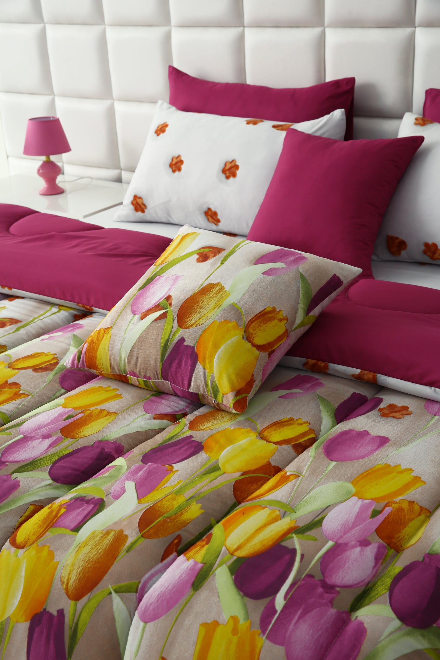 8 PCs Winter Comforter Set-White Tulip(With Plum Reverse) Comforters Apricot