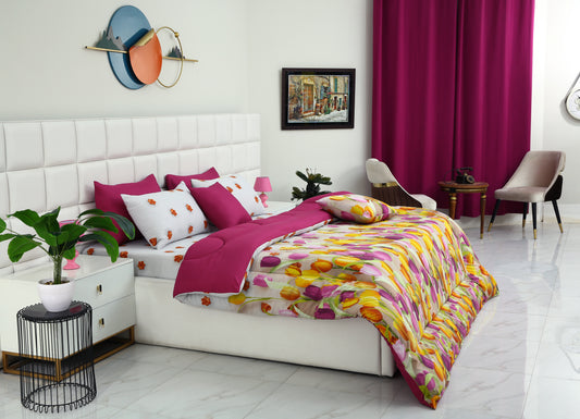 8 PCs Winter Comforter Set-White Tulip(with Plum Reverse) Comforters Apricot