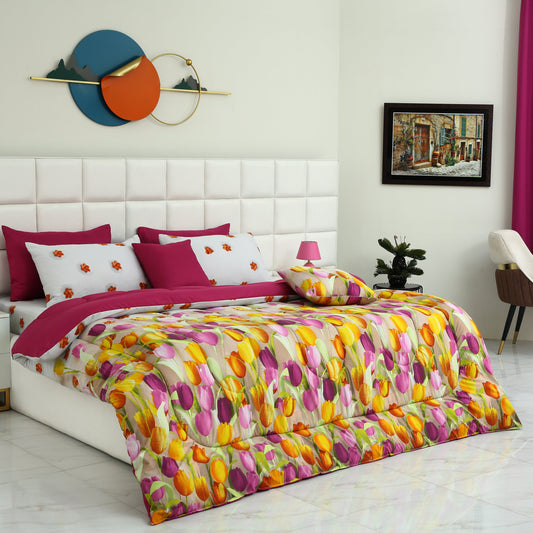 8 PCs Winter Comforter Set-White Tulip(with Plum Reverse) Comforters Apricot