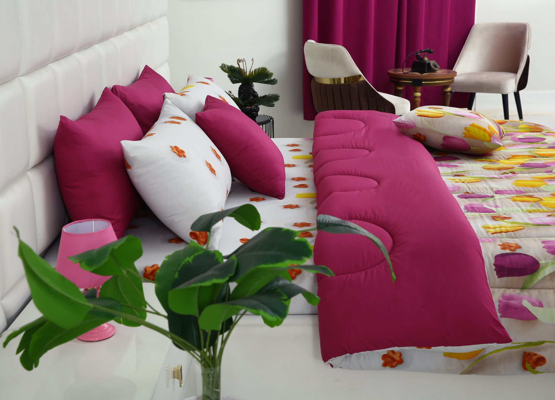 8 PCs Winter Comforter Set-White Tulip(With Plum Reverse) Comforters Apricot