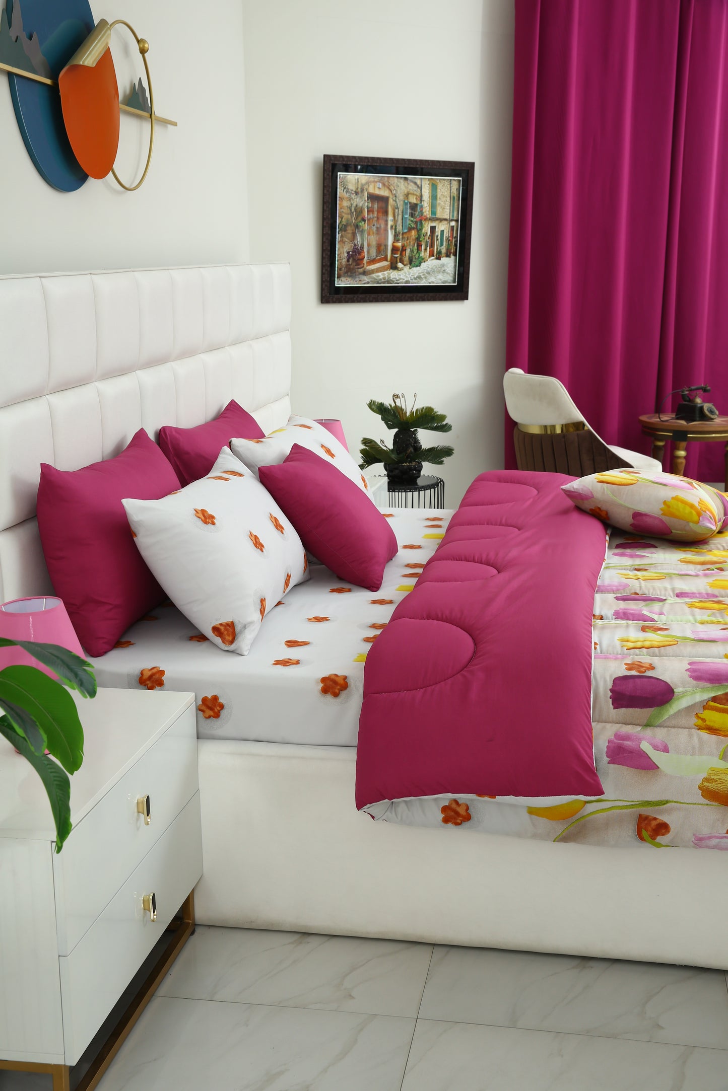 8 PCs Winter Comforter Set-White Tulip(with Plum Reverse) Comforters Apricot