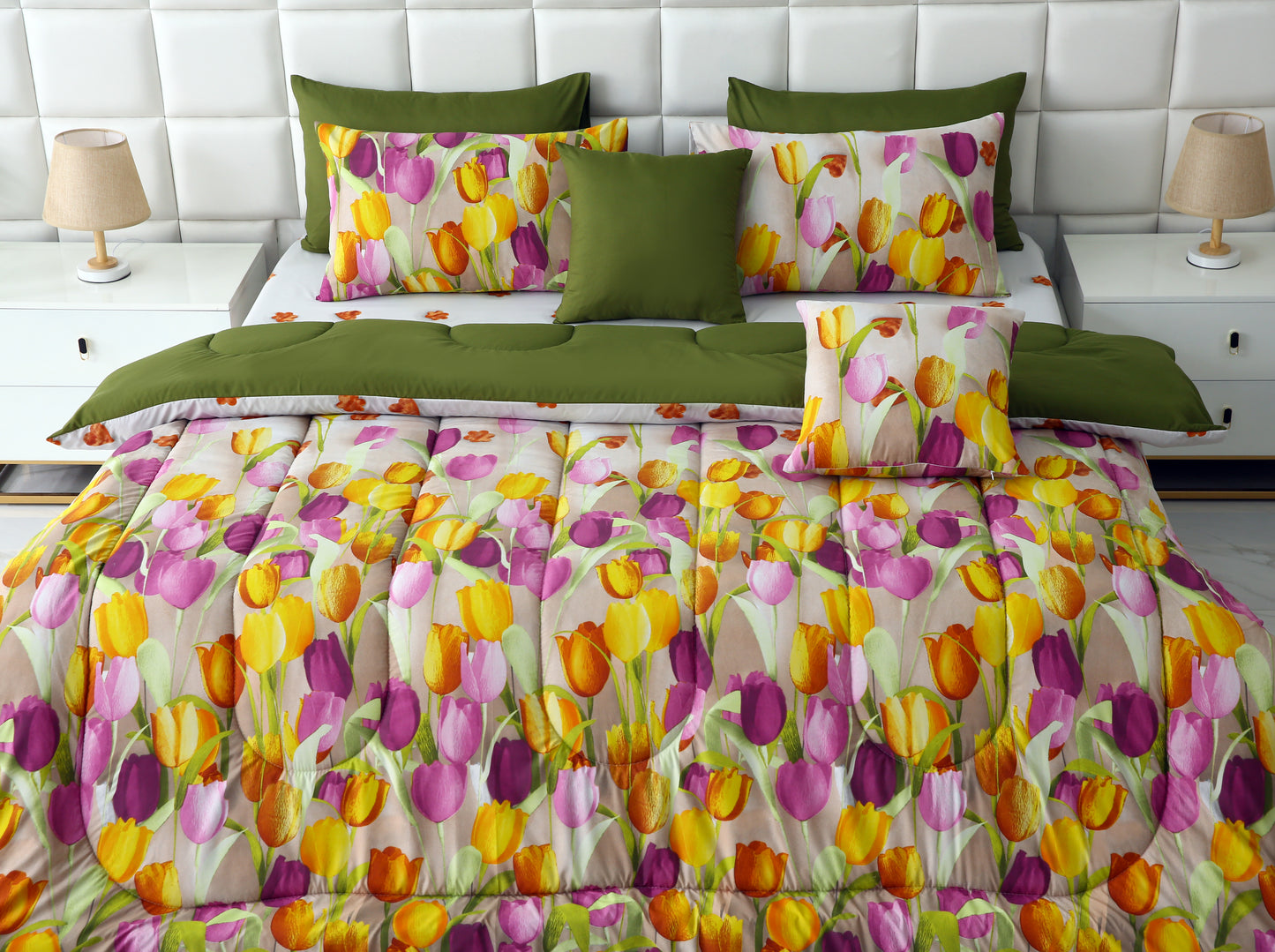 8 PCs Winter Comforter Set-White Tulip(With Olive Reverse) Comforters Apricot