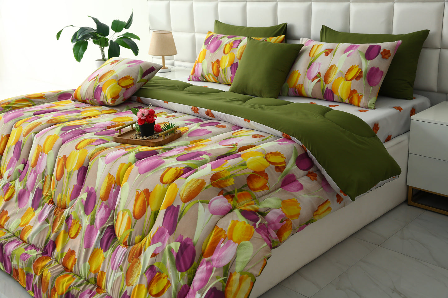 8 PCs Winter Comforter Set-White Tulip(With Olive Reverse) Comforters Apricot