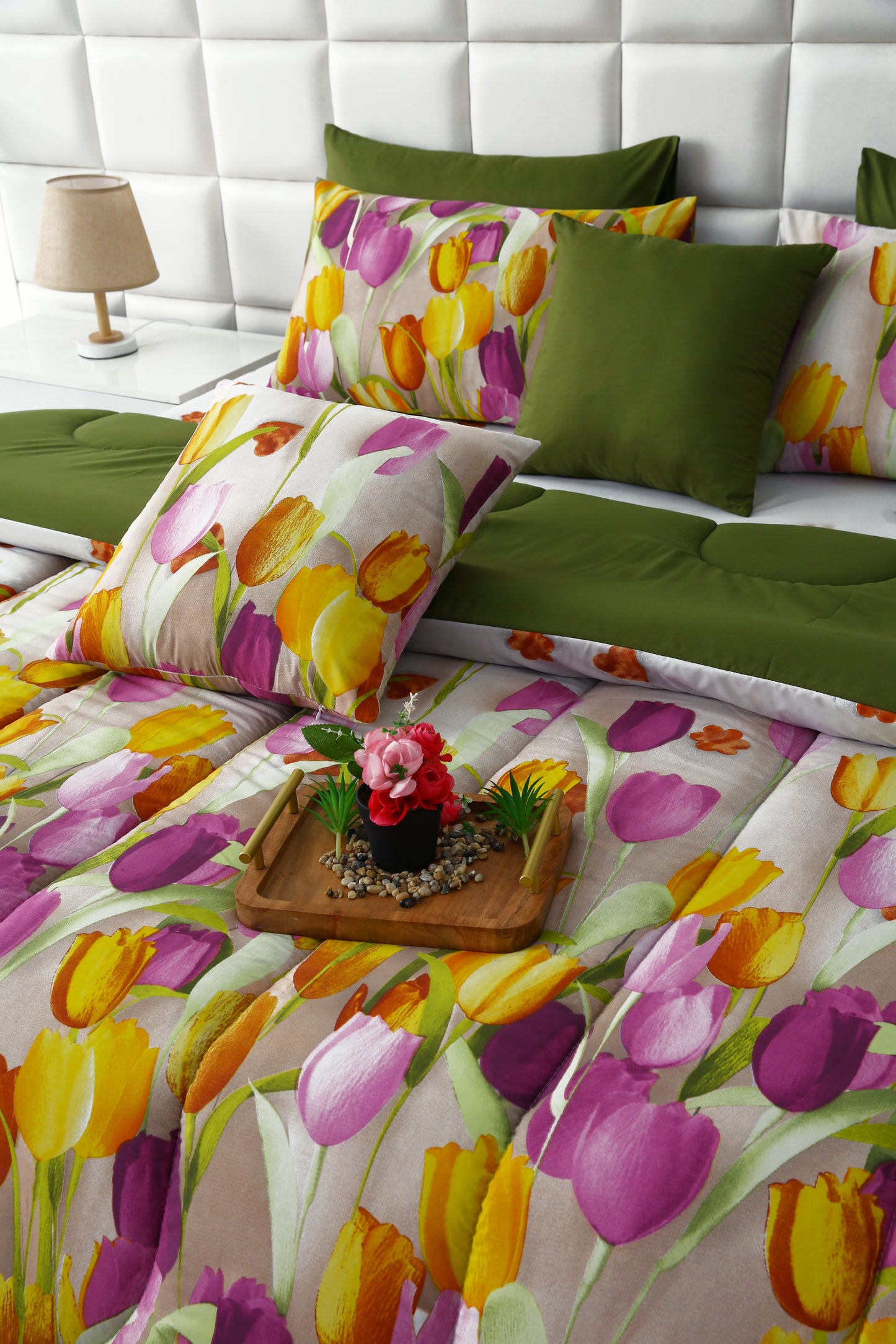 5 PCs Single Comforter Set-White Tulip(With Olive Reverse) Comforters Apricot