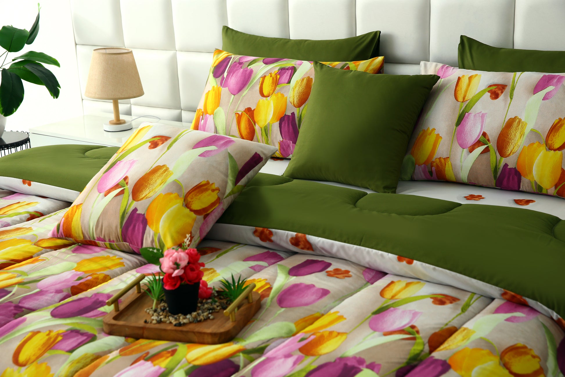 5 PCs Single Comforter Set-White Tulip(With Olive Reverse) Comforters Apricot