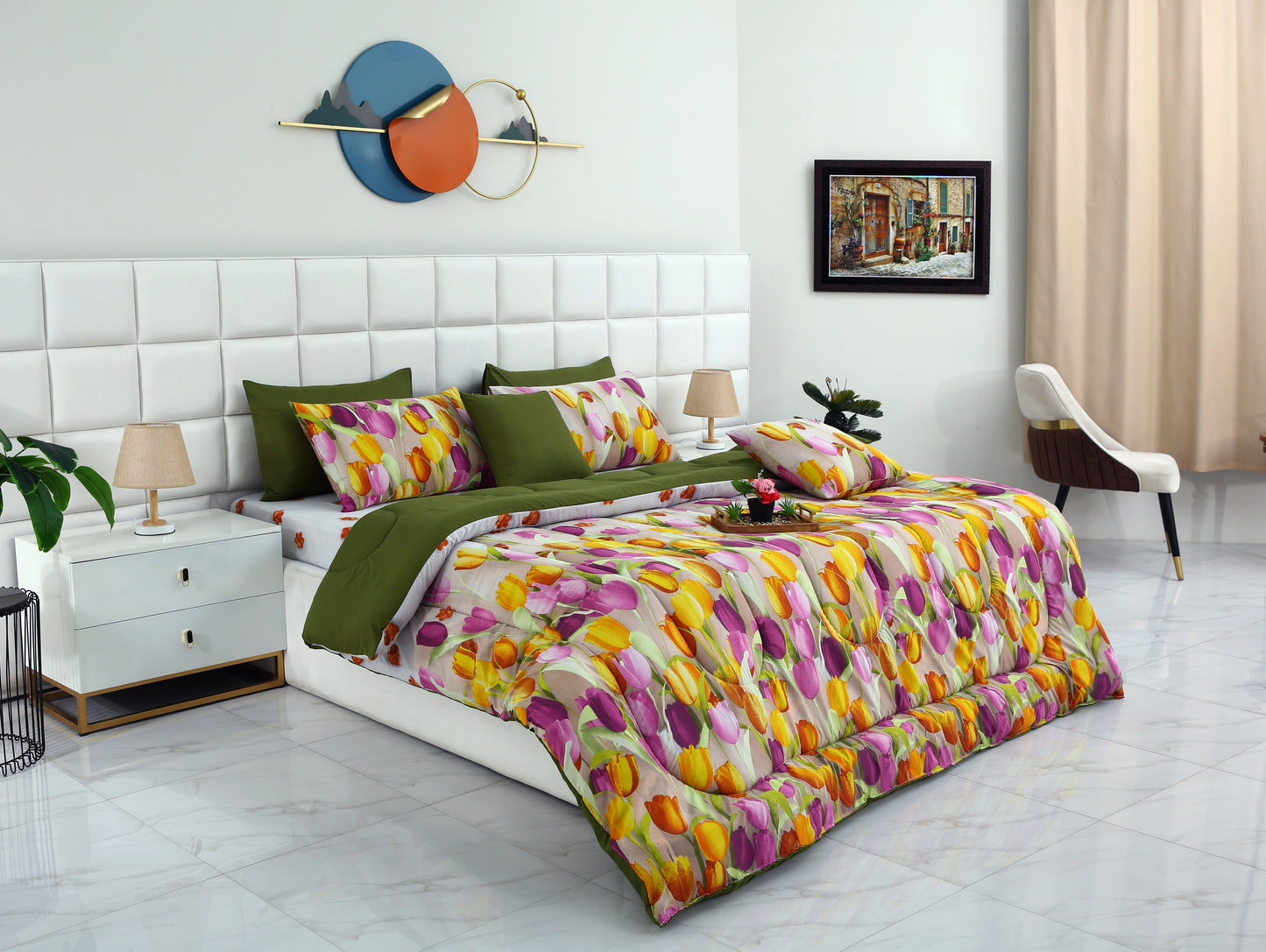 8 PCs Winter Comforter Set-White Tulip(With Olive Reverse) Comforters Apricot