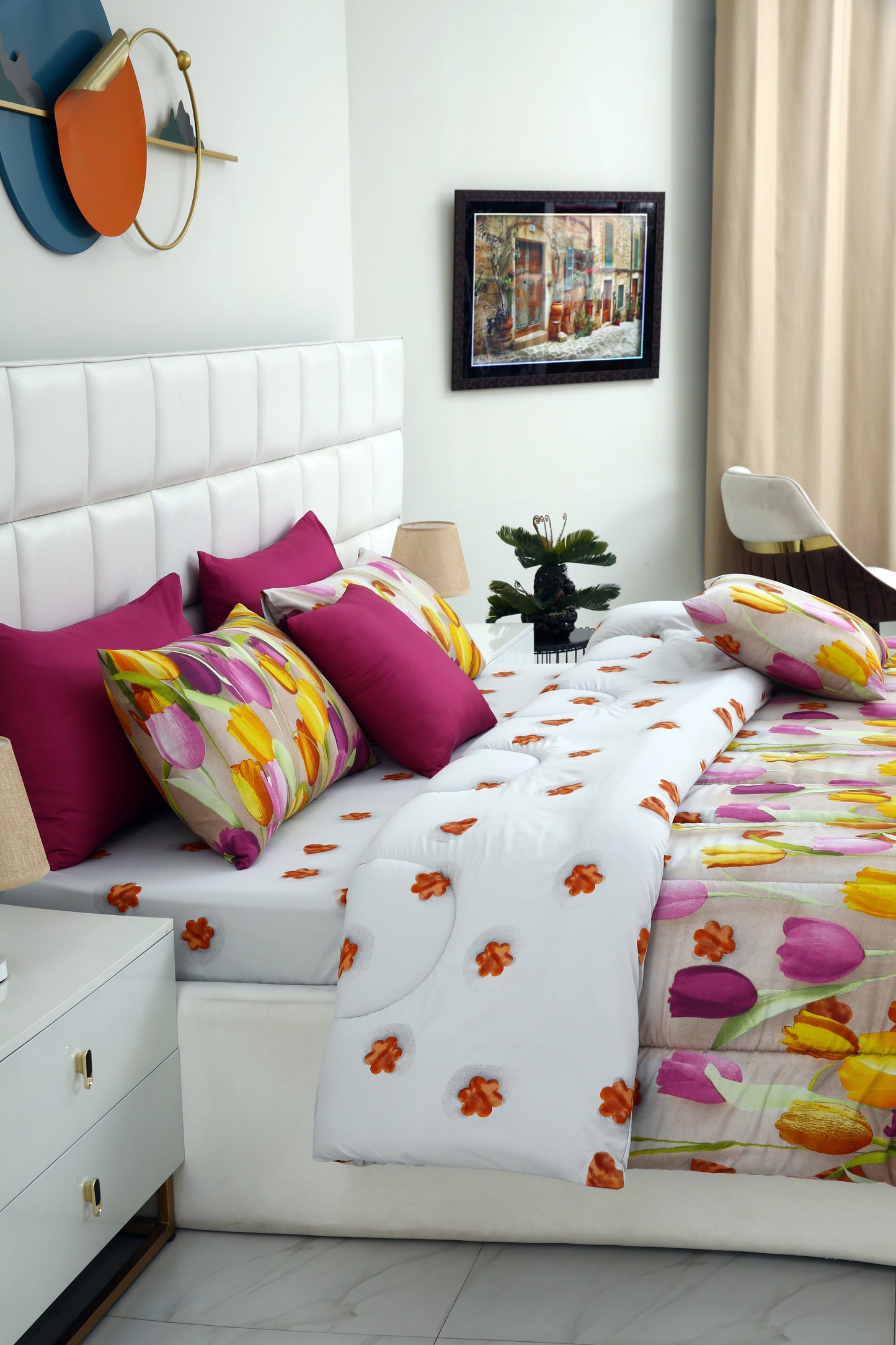 5 PCs Single Comforter Set-White Tulip Comforters Apricot