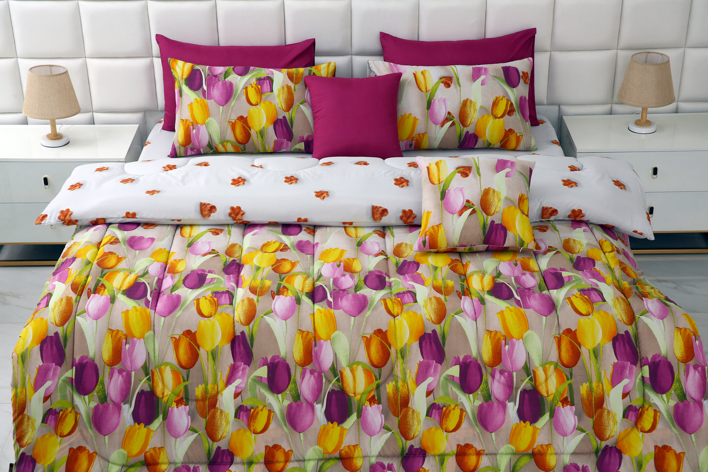 8 PCs Winter Comforter Set-White Tulip Comforters Apricot