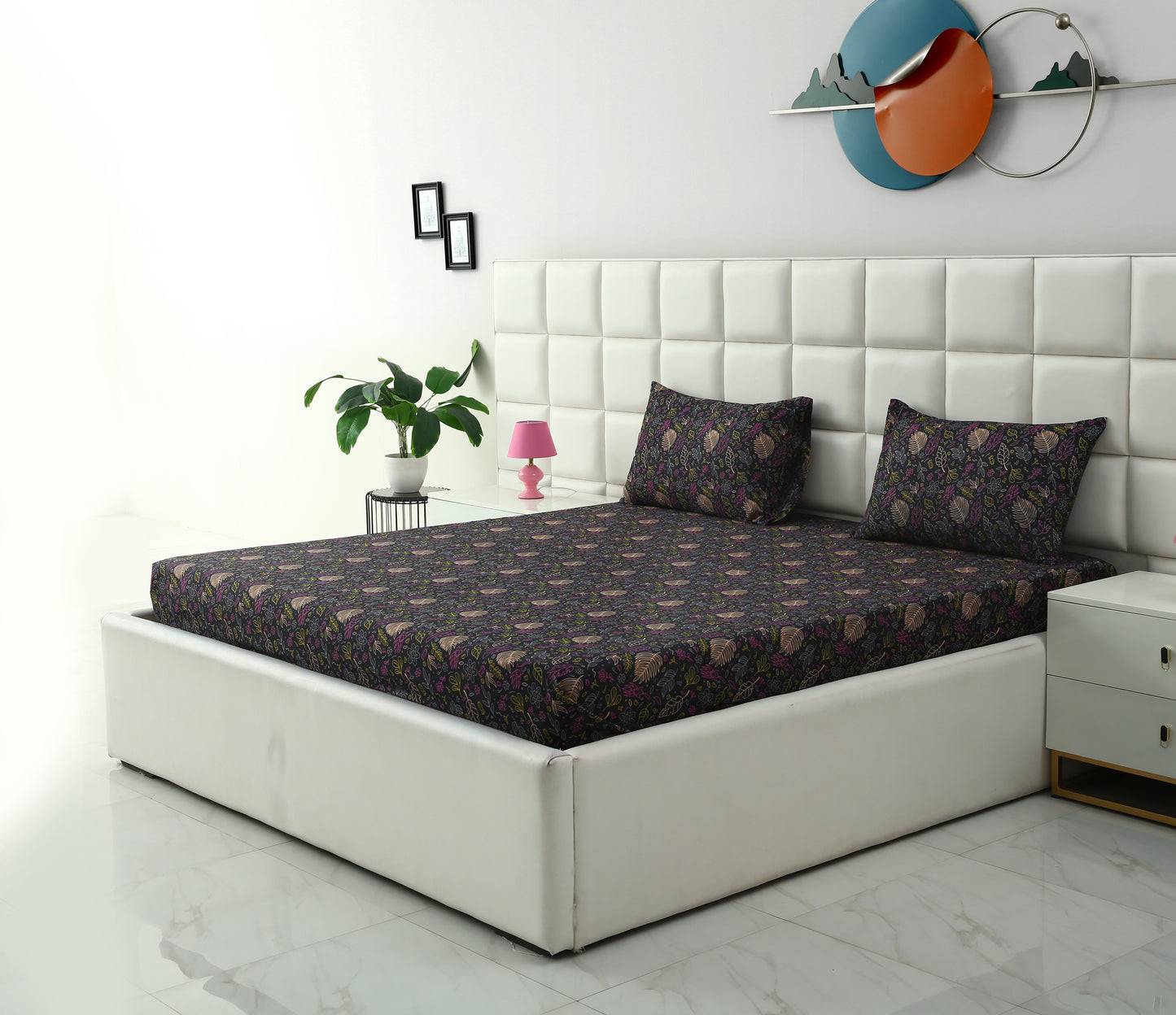 3 PCs Double Bed Sheet-Black Lily Bed Sheets Apricot