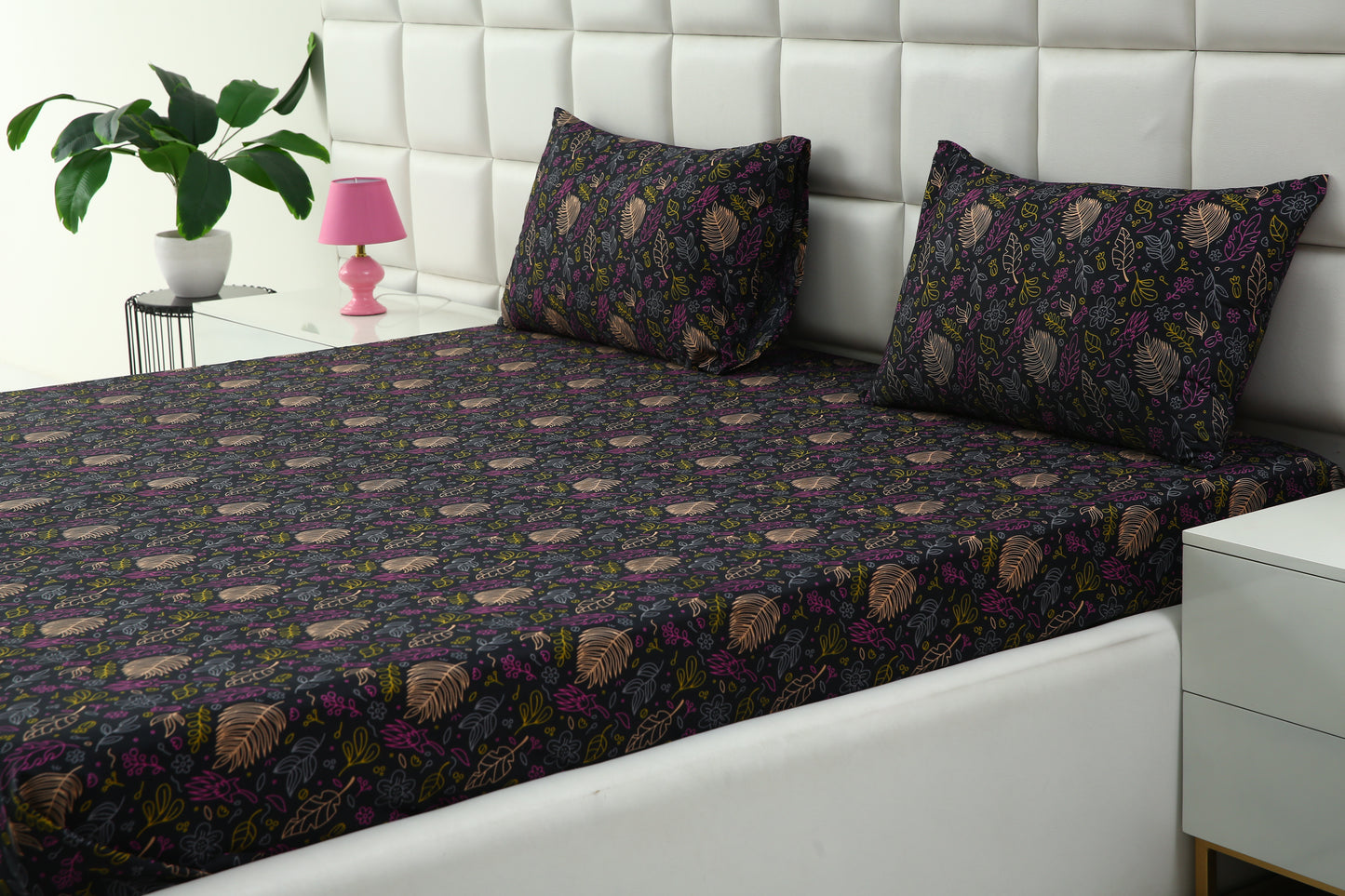 3 PCs Double Bed Sheet-Black Lily Bed Sheets Apricot