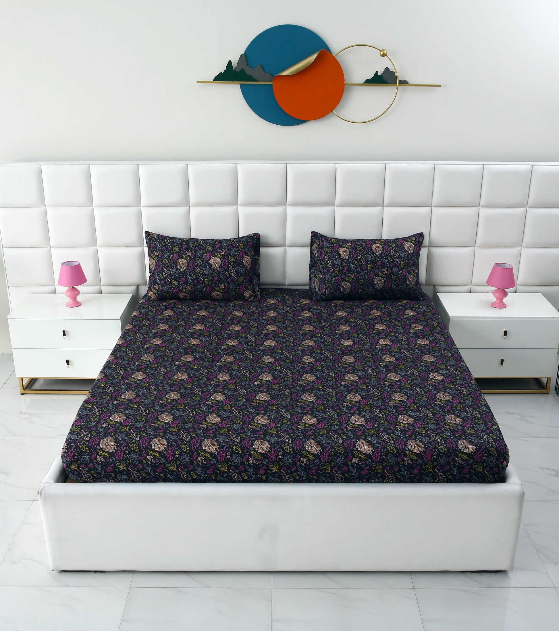 3 PCs Double Bed Sheet-Black Lily Bed Sheets Apricot