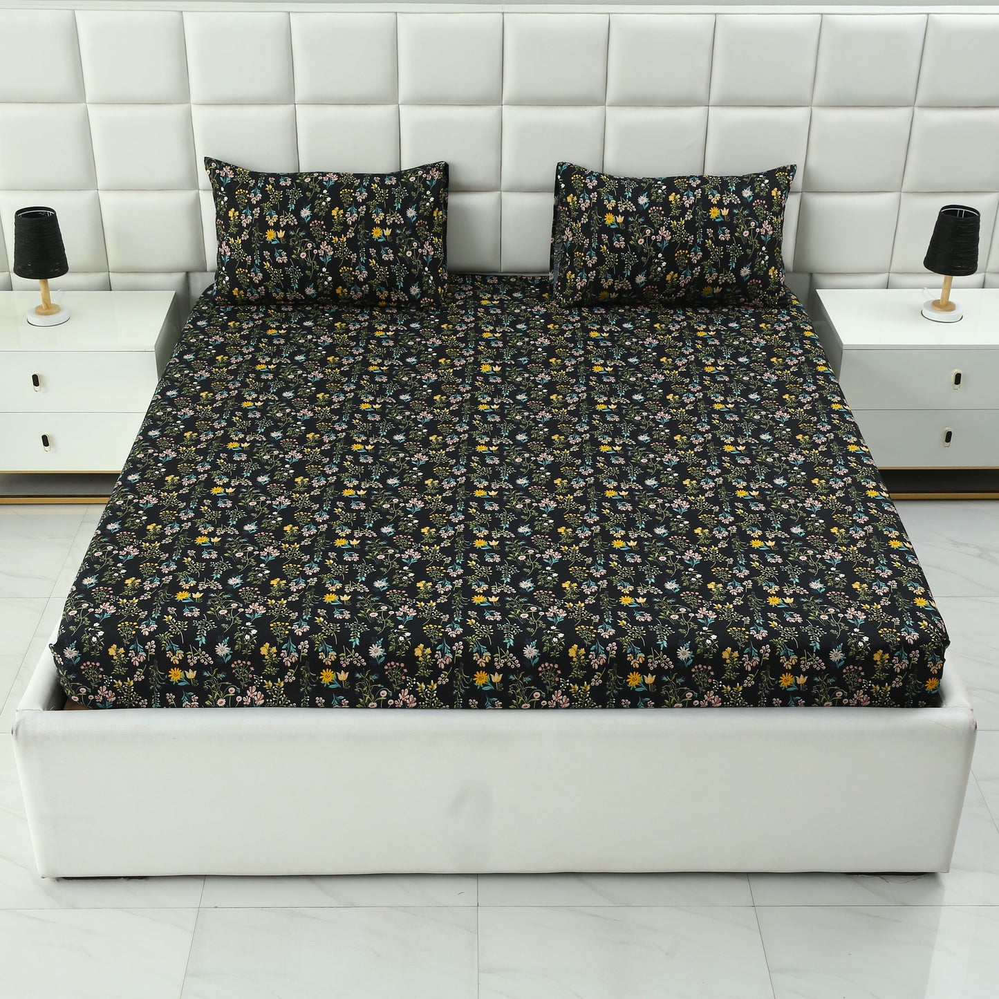 3 PCs Double Bed Sheet-Black Meadows Bed Sheets Apricot