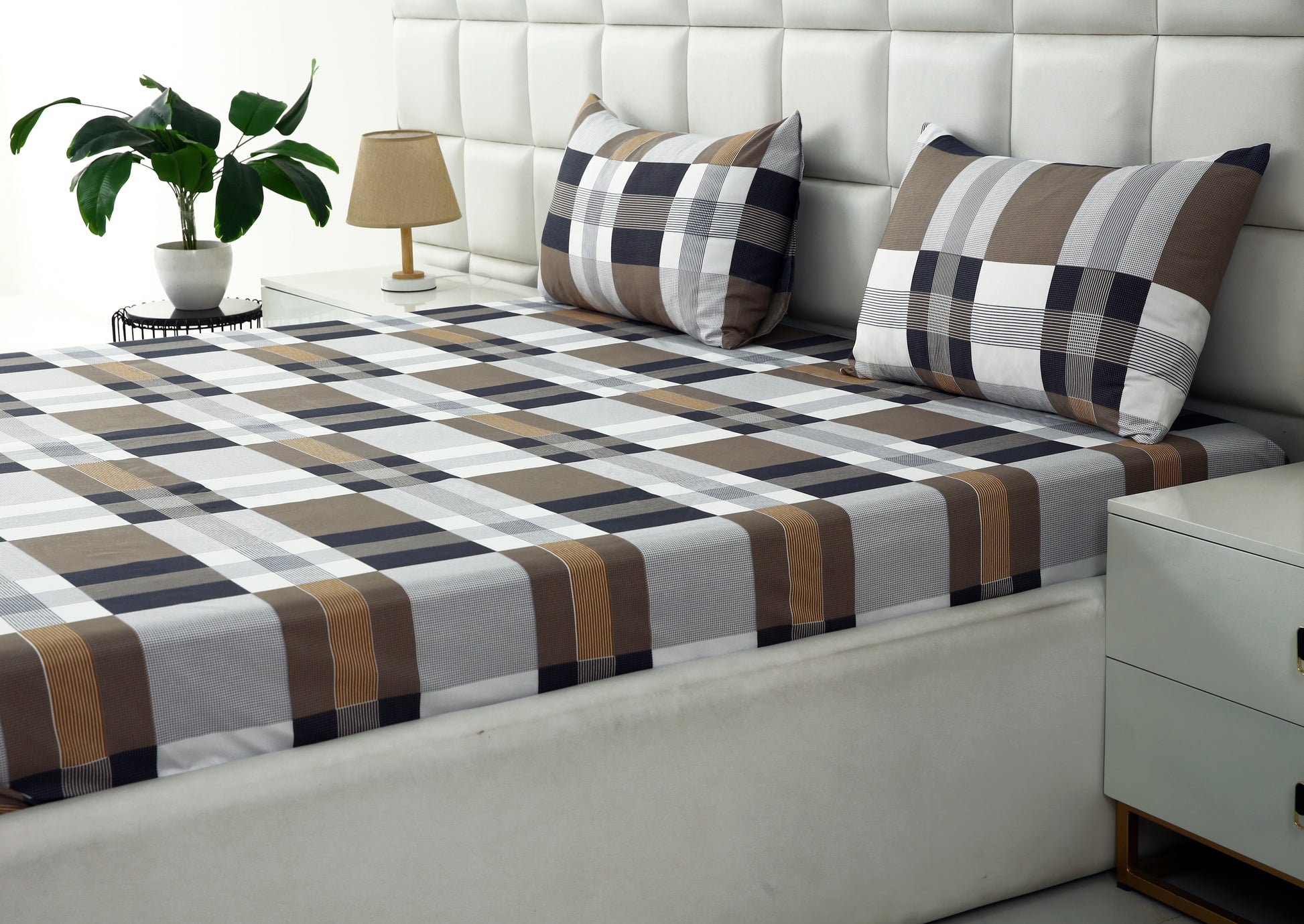 Fitted Bed Sheet-Brown Check Fitted Sheets Apricot