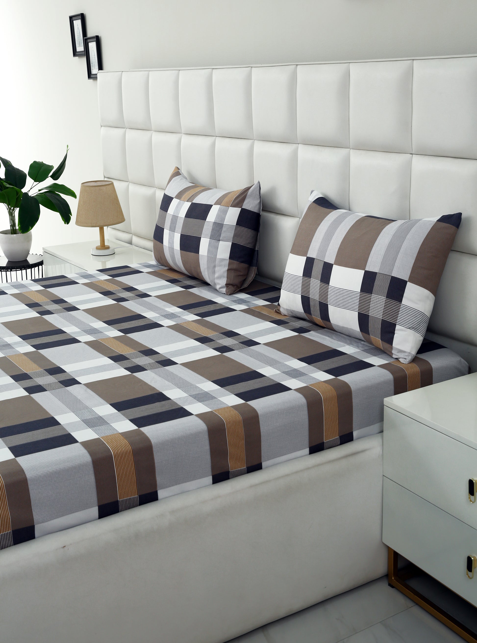 Fitted Bed Sheet-Brown Check Fitted Sheets Apricot