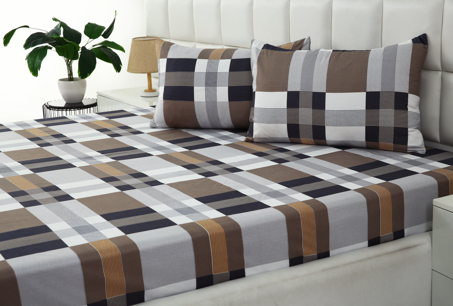 3 PCs Double Bed Sheet-Brown Check Bed Sheets Apricot