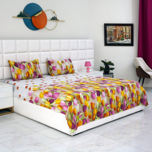 3 PCs Double Bed Sheet-White Tulip Bed Sheets Apricot