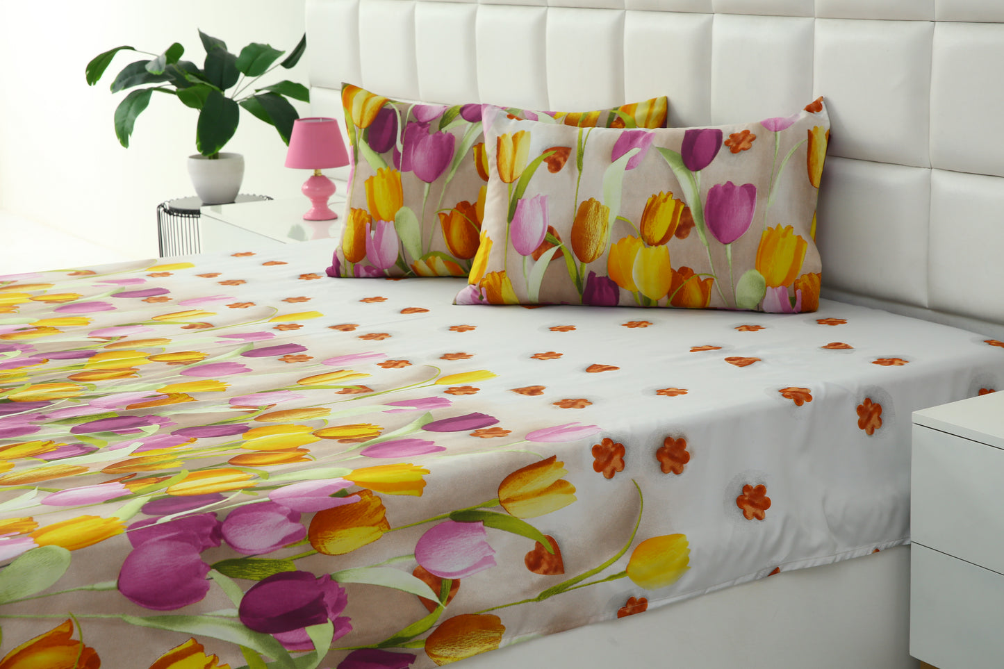 3 PCs Double Bed Sheet-White Tulip Bed Sheets Apricot