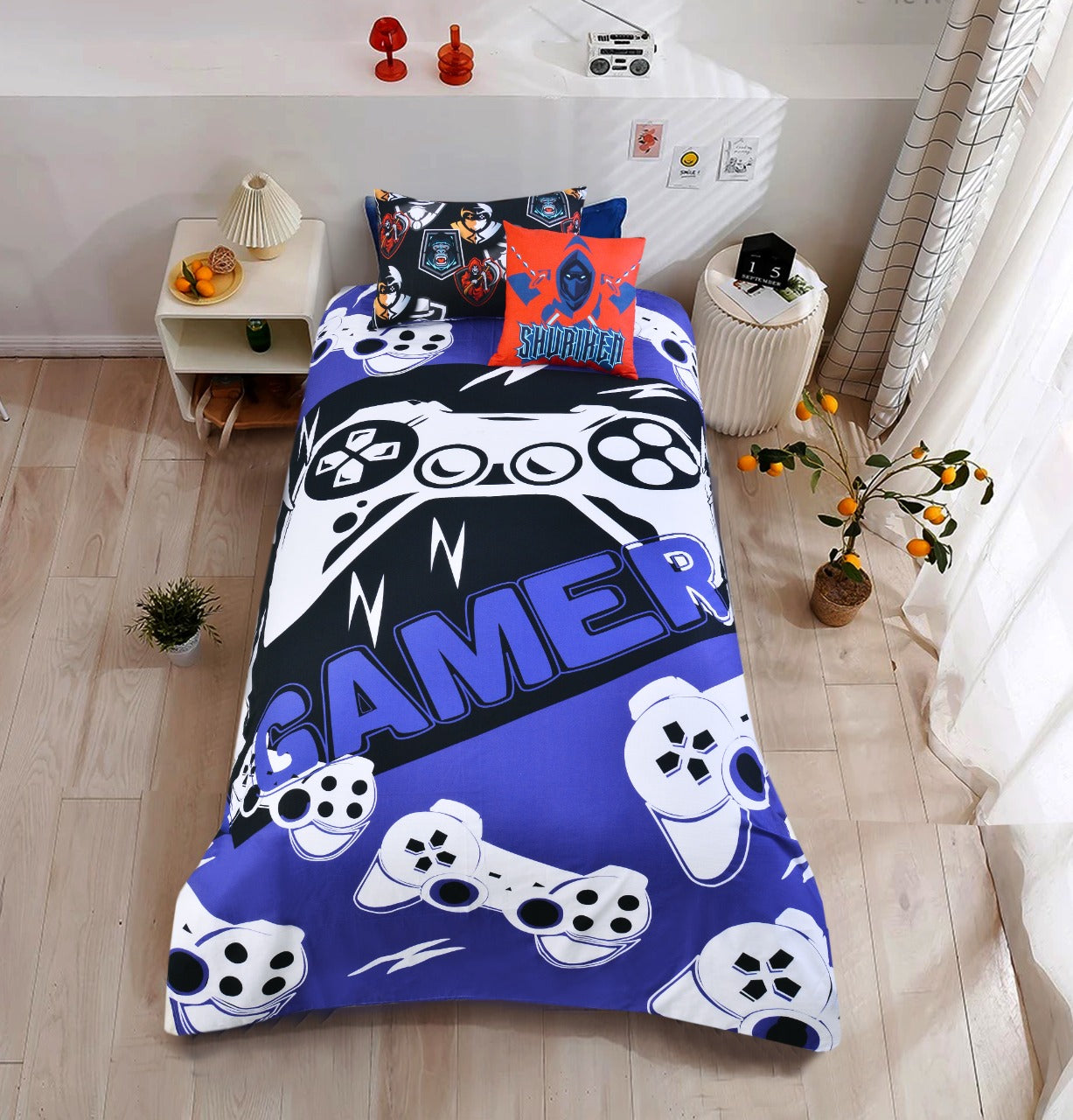 2Pcs Digital Printed Single Bed Sheet- Gamer single bed sheet Apricot
