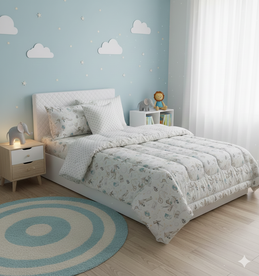 5 PCs Single Kids Razai Set-Universe Comforters Apricot