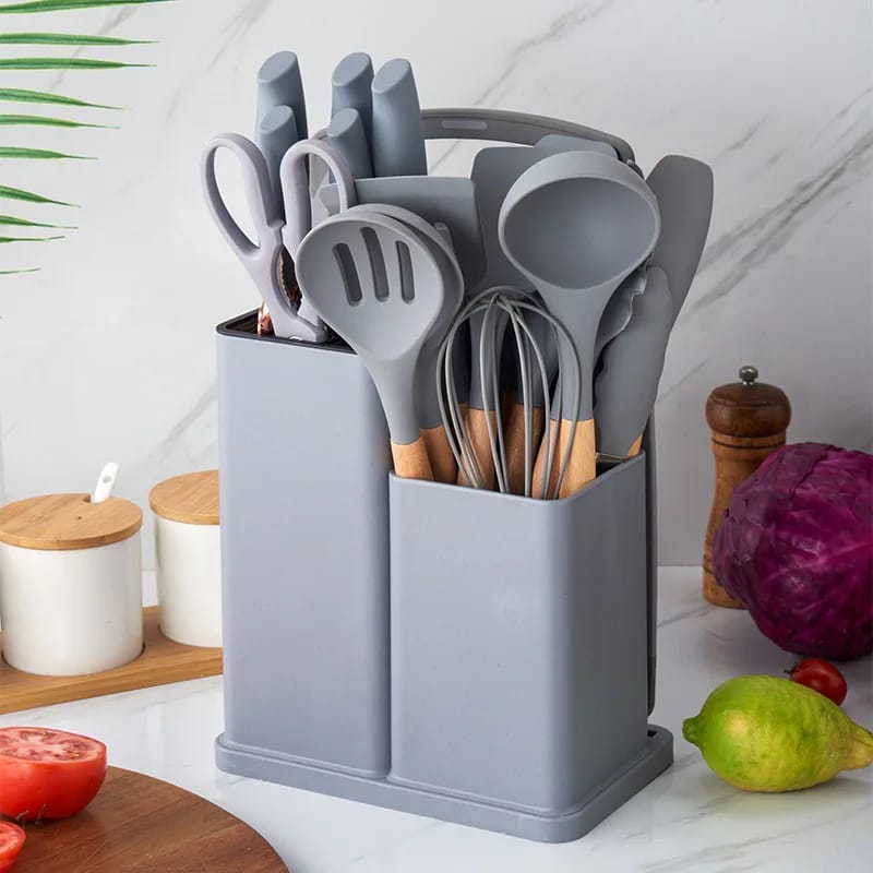 19 PCs Silicon Cooking & Knife Set With Board-Grey