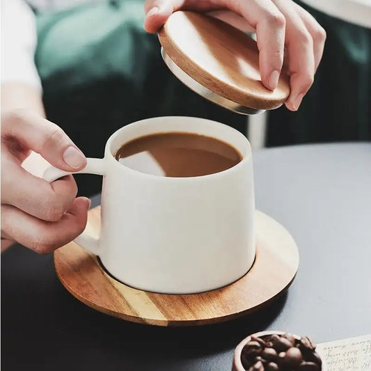 Vacuum Insulated Coffee Cup with Wooden Lid & Mat-White