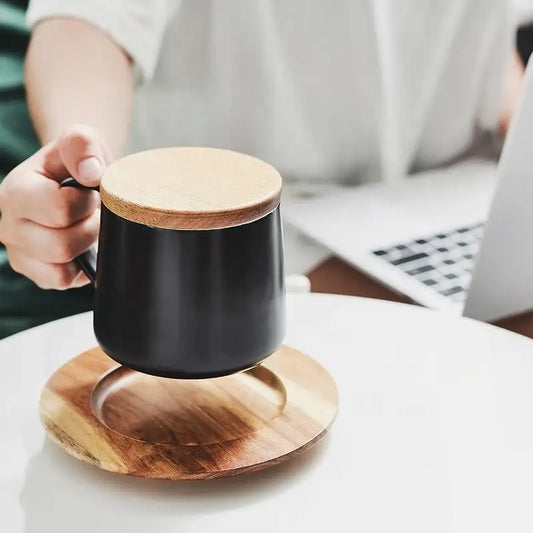 Vacuum Insulated Coffee Cup with Wooden Lid & Mat-Black