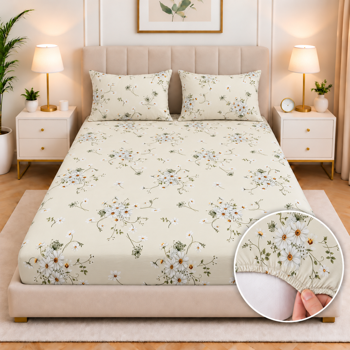 Cotton Fitted Bed Sheet- Daisy Reverie Fitted Sheets Apricot