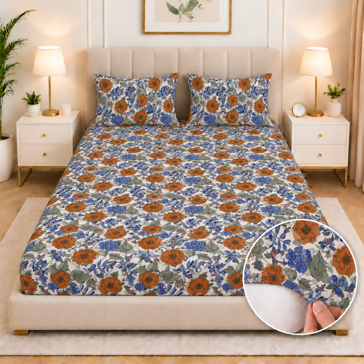 Percale Cotton Fitted Bed Sheet- Amber Azure